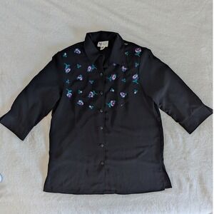 VTG Maggie‎ Sweet Black Embroidered Floral Button Up 3/4 Sleeve Top Women's Sz L